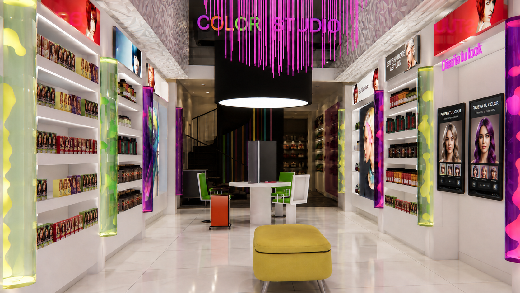Color Studio — tienda de tintes con columnas de neón y pantallas interactivas